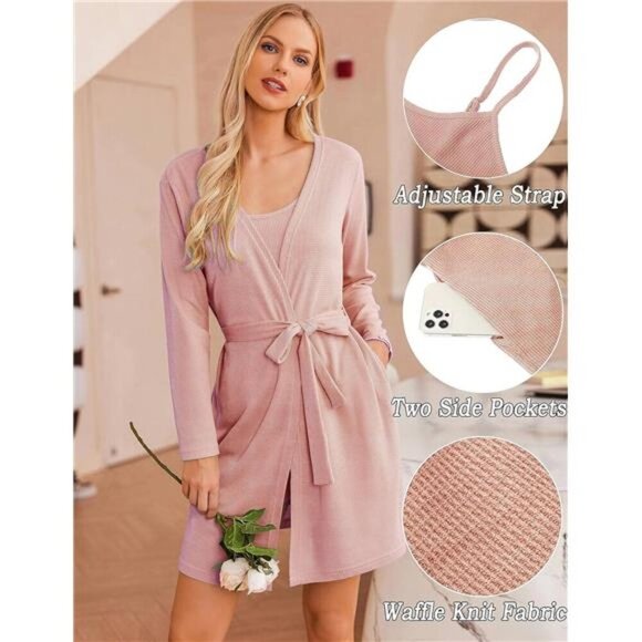 Women's 3 Piece Waffle Knit Lounge Set - Tank Top, Shorts & Cardigan - Picture 2 of 6